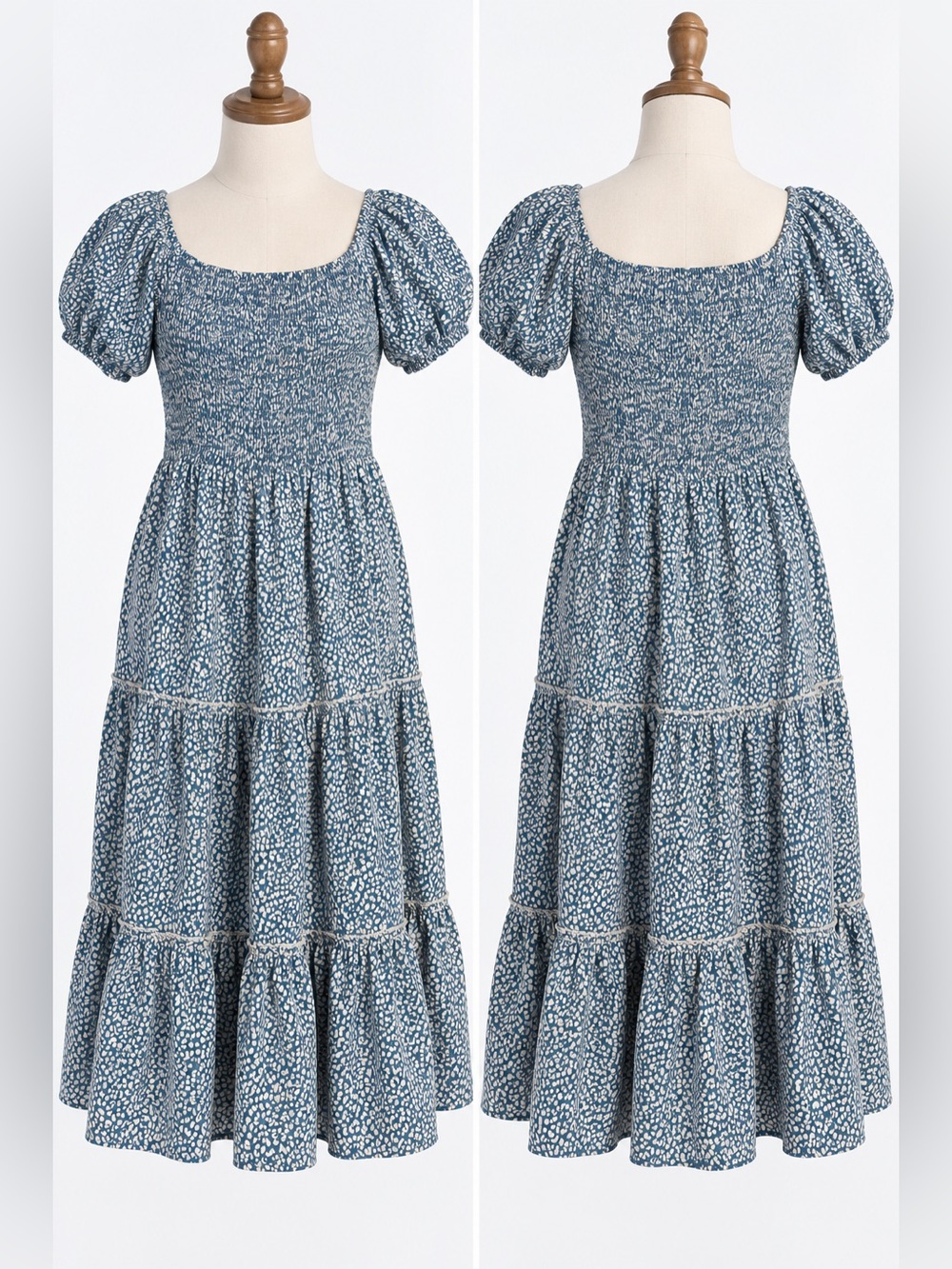 FFever Girls 10/12 Small Blue Ivory Smocked Puff Sleeve Tiered Midi Dress